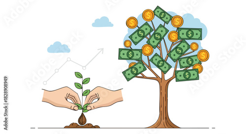 A cartoon illustration depicts hands planting a sapling, symbolizing growth, while a money tree laden with bills and coins represents financial success and investment.