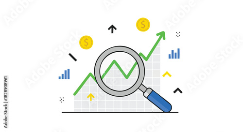A magnifying glass examines a rising financial graph with dollar symbols, illustrating business growth, market analysis, and investment strategies in a modern, flat-design illustration.
