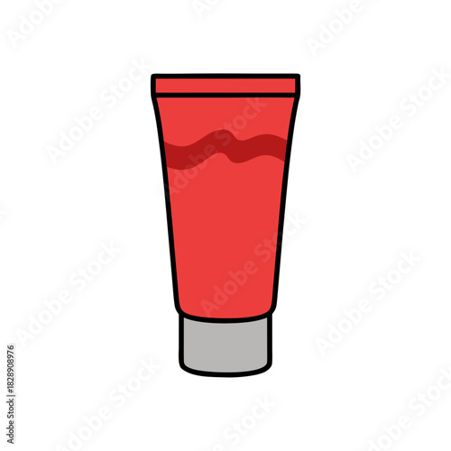 Red squeeze tube with gray cap and wavy red line design against black background simple isolated graphic object