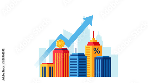 Financial growth represented by rising arrow and cityscape illustration