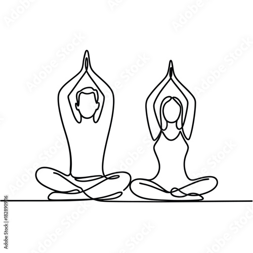 Couple practicing yoga together in lotus pose line art