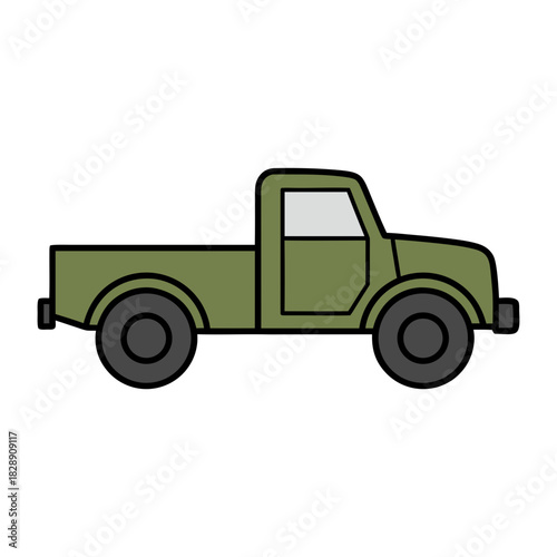 Retro Military Green Pickup Truck Minimalist Flat Vector Art Style Clean Lines Simple Design Isolated on Black Background