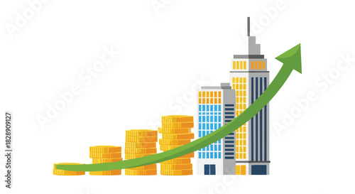 A graphic depicts financial growth with stacks of coins increasing in size, a rising green arrow, and buildings symbolizing business success against a white background.