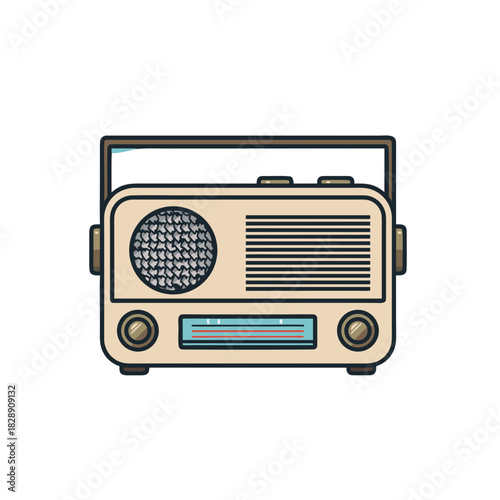 Retro Portable Radio With Simple Rounded Body Rectangular Display And Circular Speaker Grill On Black Background