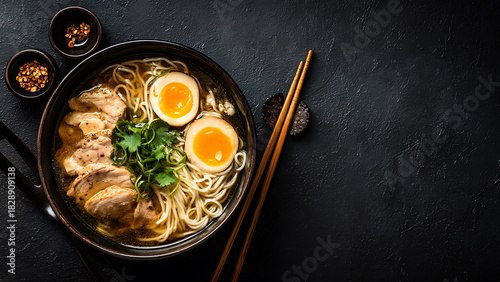 Savory Japanese Ramen with Vibrant Egg Yolks and Pork on a Dark, Moody Background