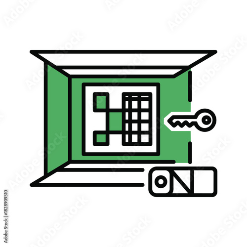 Open safe box with key and combination lock icon illustration