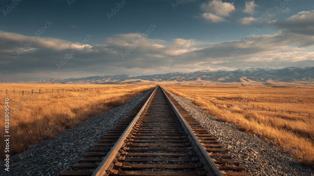 Fototapeta premium Desert Railroad Tracks Stretch Toward Mountains at Sunset