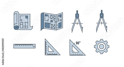 Architectural blueprints and drafting tools set.