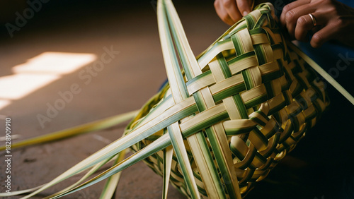 Close-up of artisan hands weaving traditional Khous basket using green and dried palm leaves