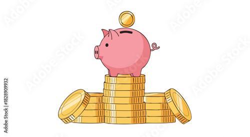A cartoon illustration depicts a pink piggy bank perched atop stacks of gold coins, with a single coin being deposited, symbolizing savings and financial growth.