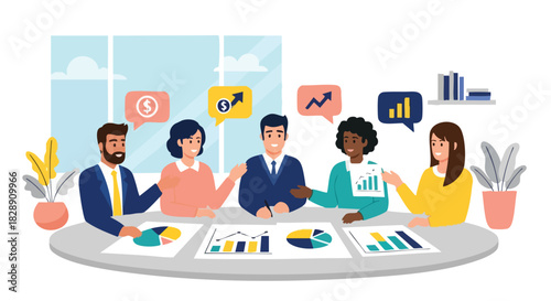 A diverse group of business professionals collaborate around a table, analyzing charts and graphs while discussing financial growth and strategies in a modern office setting.