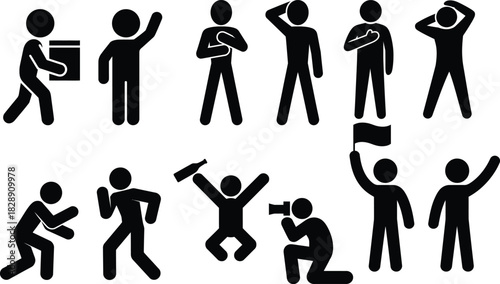 Black stick figure set depicting everyday actions and expressions