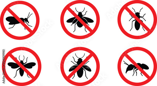No insects allowed, pest control warning, insect prohibition sign, fly repellent symbol, ant prevention icon, bug-free zone, vector illustration