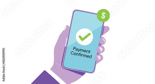 A hand holds a smartphone displaying a payment confirmation message with a green checkmark and dollar sign, signifying a successful transaction in a modern, digital setting.