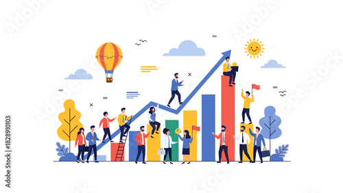 Diverse team collaborates to achieve business growth on a vibrant, upward trending graph.