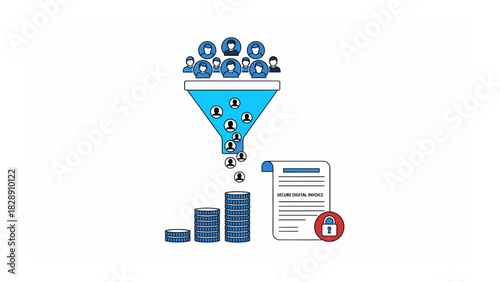 Business process funnel filtering leads into secure financial growth with stacked coins and document.