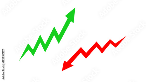 Green arrow trending upwards, red arrow trending downwards, symbolizing market fluctuations and financial performance.