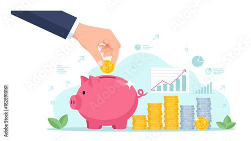 Hand deposits coin into piggy bank, symbolizing savings and financial growth with charts in background