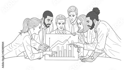 Diverse team collaborates on financial data, analyzing growth charts with focus and teamwork.