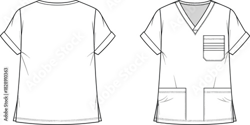 Medical scrub top technical drawing, front views, fashion flat sketch, uniform design, healthcare, comfortable, functional, professional, vector, illustration, garment, blueprint, nurse, doctor.