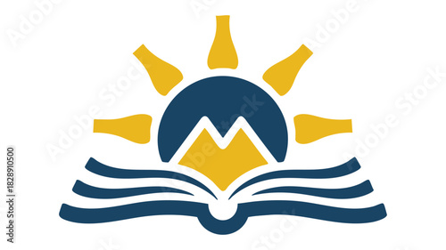 Open book with rising sun logo