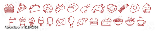 Icons Collection – Fast Food, Snacks, and Desserts Line Art for Menu Design, Restaurant Branding and Packaging