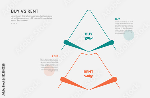 buy vs rent infographic outline style with 2 point comparison template with creative arrow stacking vertical for slide presentation