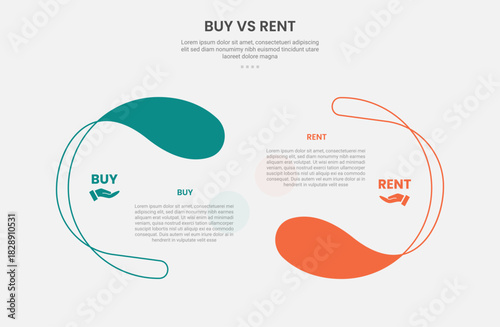 buy vs rent infographic outline style with 2 point comparison template with creative half circle opposite direction for slide presentation