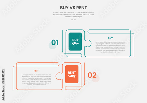 buy vs rent infographic outline style with 2 point comparison template with creative rectangle box with puzzle jigsaw style for slide presentation