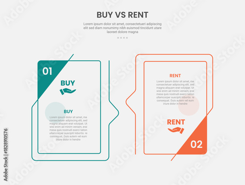 buy vs rent infographic outline style with 2 point comparison template with creative box with bookmark badge on side for slide presentation