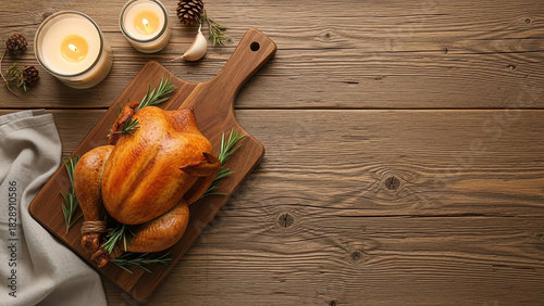 Roast chicken with herbs on wooden cutting board with candles  