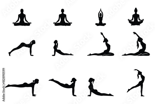 A set of female yoga pose silhouettes in various meditation and stretching positions.