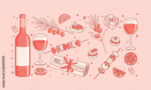 Elegant picnic and party elements with wine, skewers, and desserts