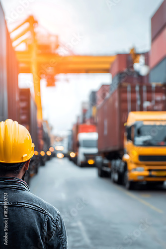 Industrial worker in a yellow helmet surveys a bustling container yard with trucks and a gantry crane.