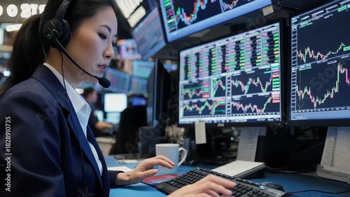 Asian Trader Analyzes Stock Market Data in a Busy Trading Room