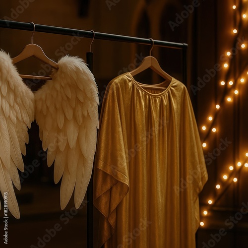Angel costume with white feathered wings and a gold gown on a clothing rack. Preparation for a Christmas nativity play or theatrical performance.