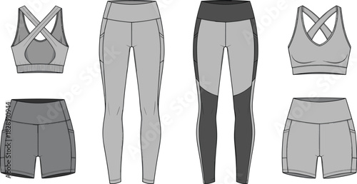 Women's activewear set, sports bras, leggings, and shorts, fashion flat sketches, sportswear, athletic, comfortable, functional, fitness, vector, illustration, garment, blueprint, modern.