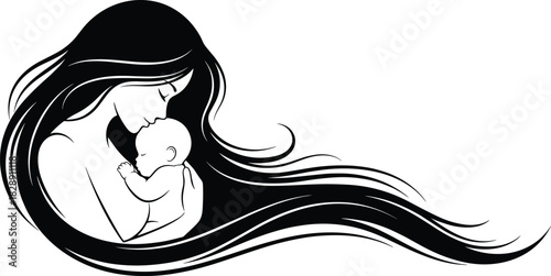 Beautiful Mother Holding Sleeping Baby Silhouette with Long Flowing Hair Vector Illustration for Logo and Mother's Day