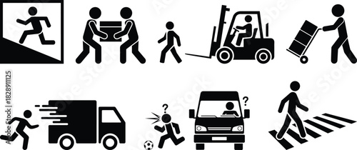 Logistics, transportation, and pedestrian safety vector icon set