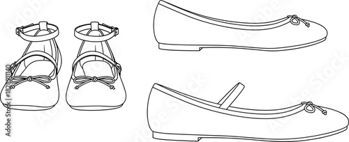 Women's ballet flats technical drawing set, various styles, front and side views, fashion flat sketch, footwear design, comfortable, elegant, stylish, classic, vector, illustration, blueprint.