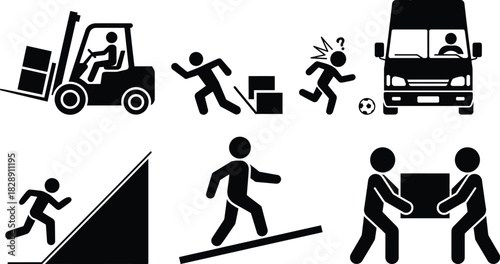 Workplace safety and hazard icons: lifting, moving, transport, risks