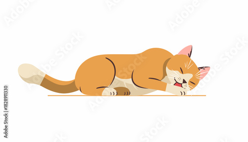 An adorable ginger cat lying down on the floor while grooming and licking its paw.