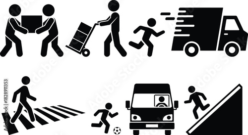 Stick figure icons: delivery, urban movement, transportation, life