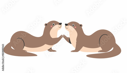 Two cartoon otters facing each other, holding hands, with a white background.