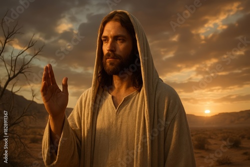 A spiritual portrait of Jesus Christ with his hand raised in a blessing. Figure in the desert at sunset representing faith and Christianity