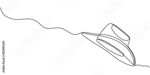 One line art cowboy hat - Minimalist continuous line drawing of western style hat vector illustration, Continuous one line drawing of men hat, Single line drawing of cowboy hat, Vector continuous one 