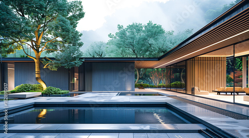 Modern minimalist villa with reflecting pool and lush greenery