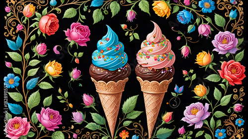 creative concept of waffle cone with ice cream covered with chocolate glaze on floral background	