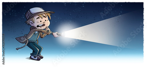 Surprised boy detective pointing a flashlight, night background