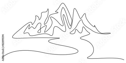Mountains landscape view. Continuous one line drawing, One continuous line drawing of mountain range landscape, Mountains continuous one line drawing. Mountain sign in simple linear style.